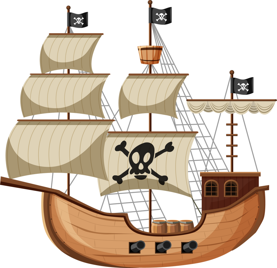 Pirate Ship in cartoon style isolated on white background